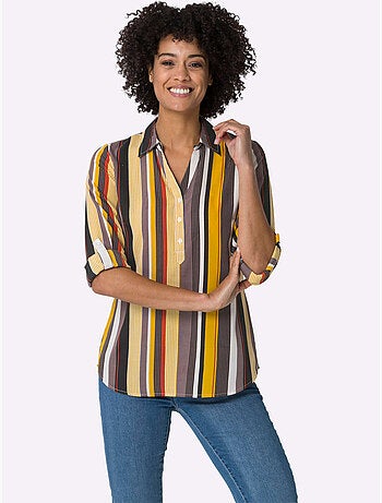 Chemisier à rayures avec col chemise et manches retroussables - Taille standard - Moda Vilona