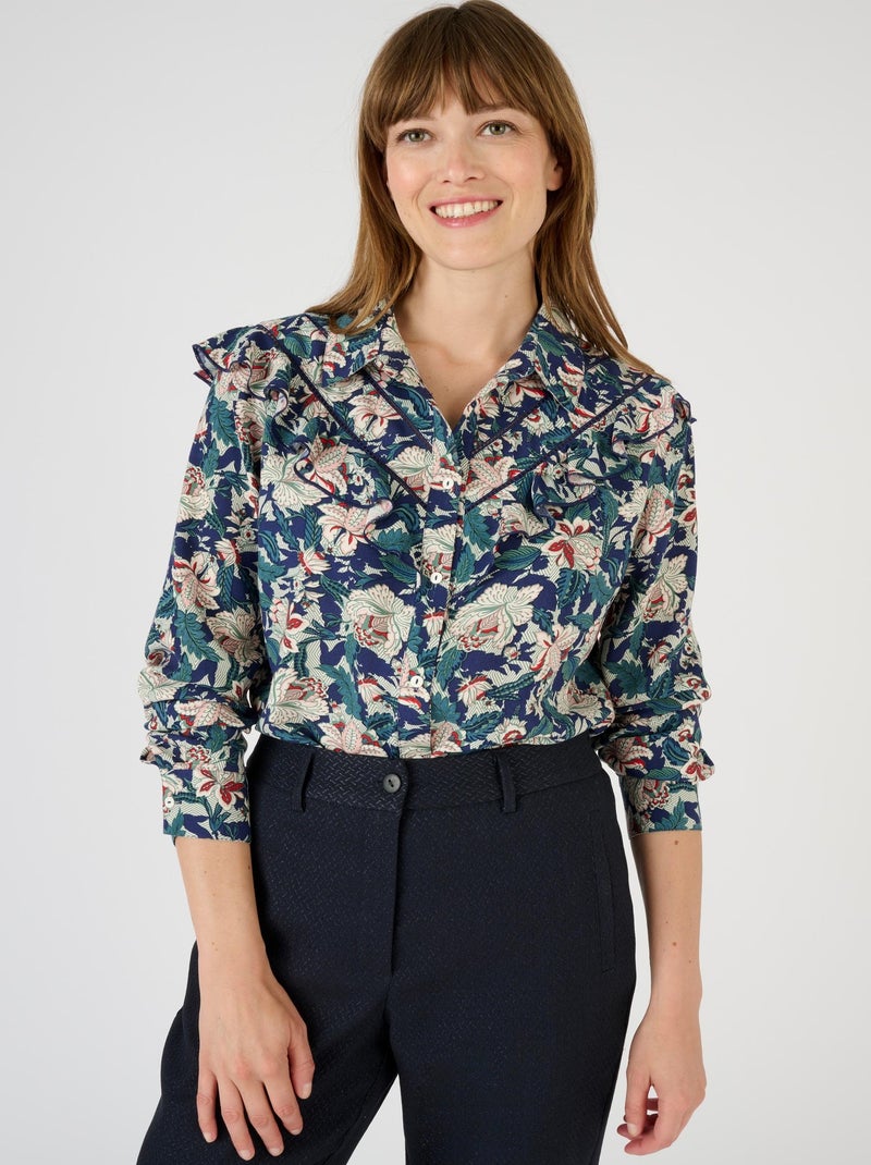 Chemisier à volants pure viscose - Damart Bleu - Kiabi