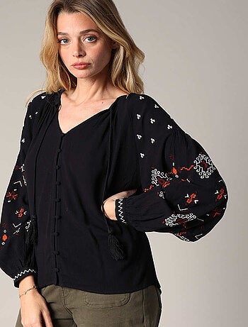 Chemisier ample à manches longues ballon brodées 'Deeluxe'