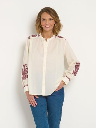 Chemisier ample broderies contrastantes