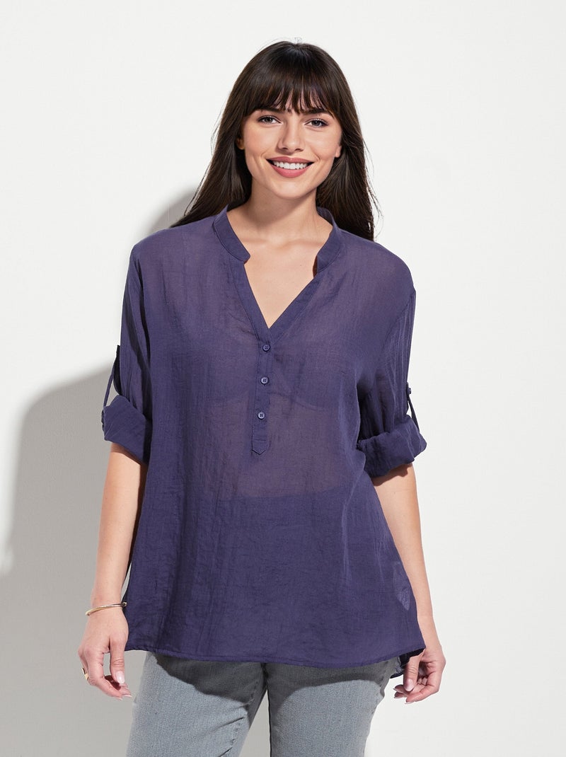 Chemisier ample col tunisien voile coton Bleu marine - Kiabi