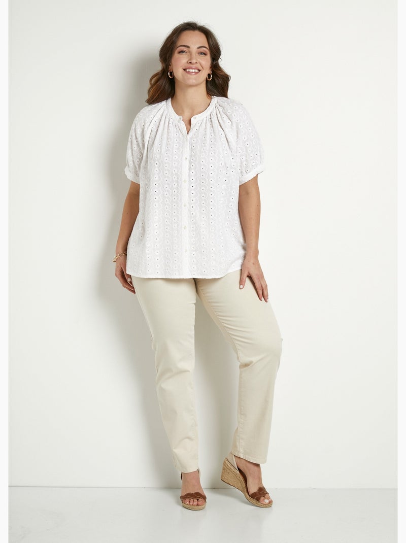 Chemisier ample coton brodé sans col - Afibel Blanc - Kiabi