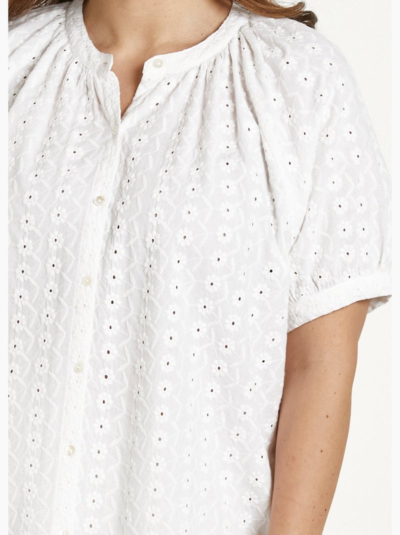 Chemisier ample coton brodé sans col - Afibel Blanc - Kiabi