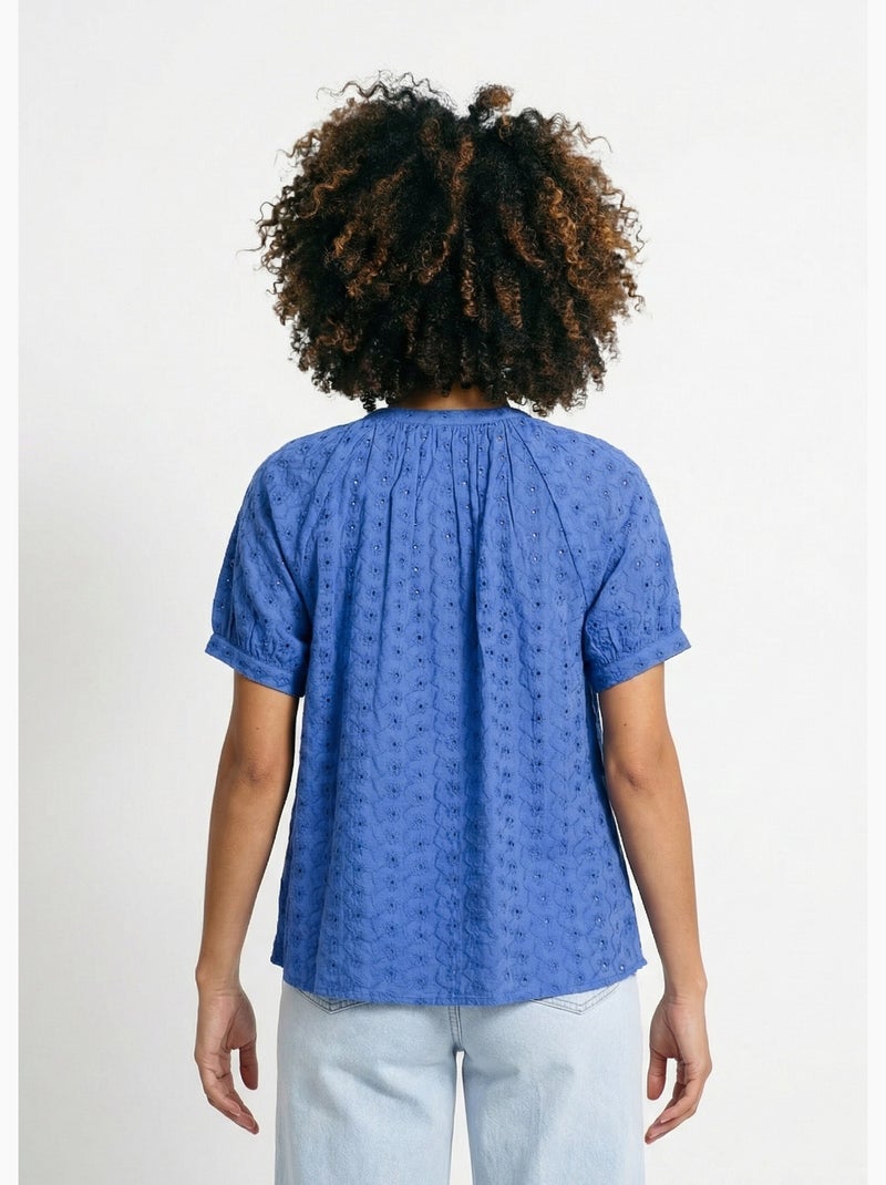 Chemisier ample coton brodé sans col - Afibel Bleu - Kiabi
