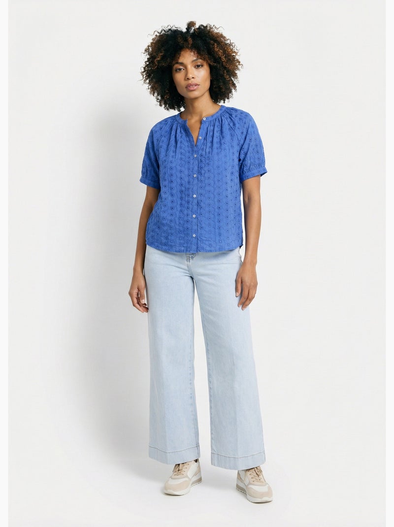 Chemisier ample coton brodé sans col - Afibel Bleu - Kiabi