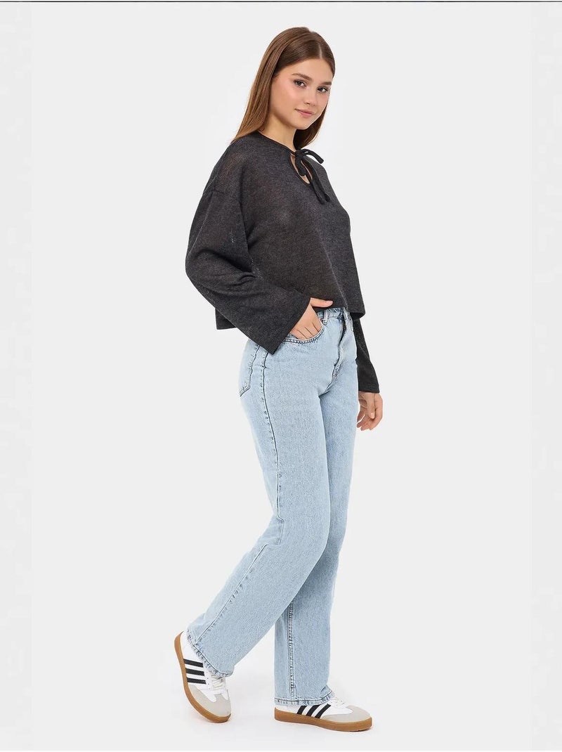 Chemisier ample en tricot à col rond avec détails noués Gris - Kiabi