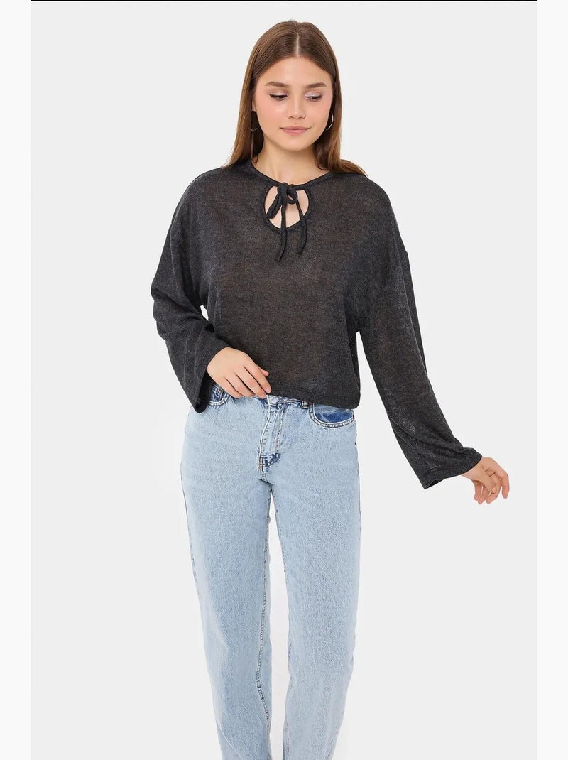 Chemisier ample en tricot à col rond avec détails noués hiccup Gris - Kiabi