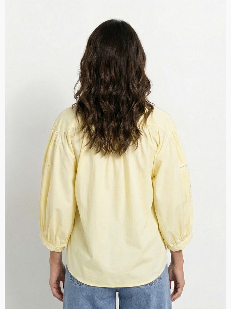 Chemisier ample manches brodées palmier - AFIBEL Blanc Jaune - Kiabi