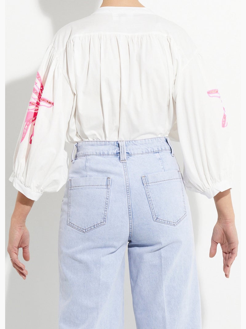 Chemisier ample manches brodées palmier - AFIBEL Blanc Rose - Kiabi