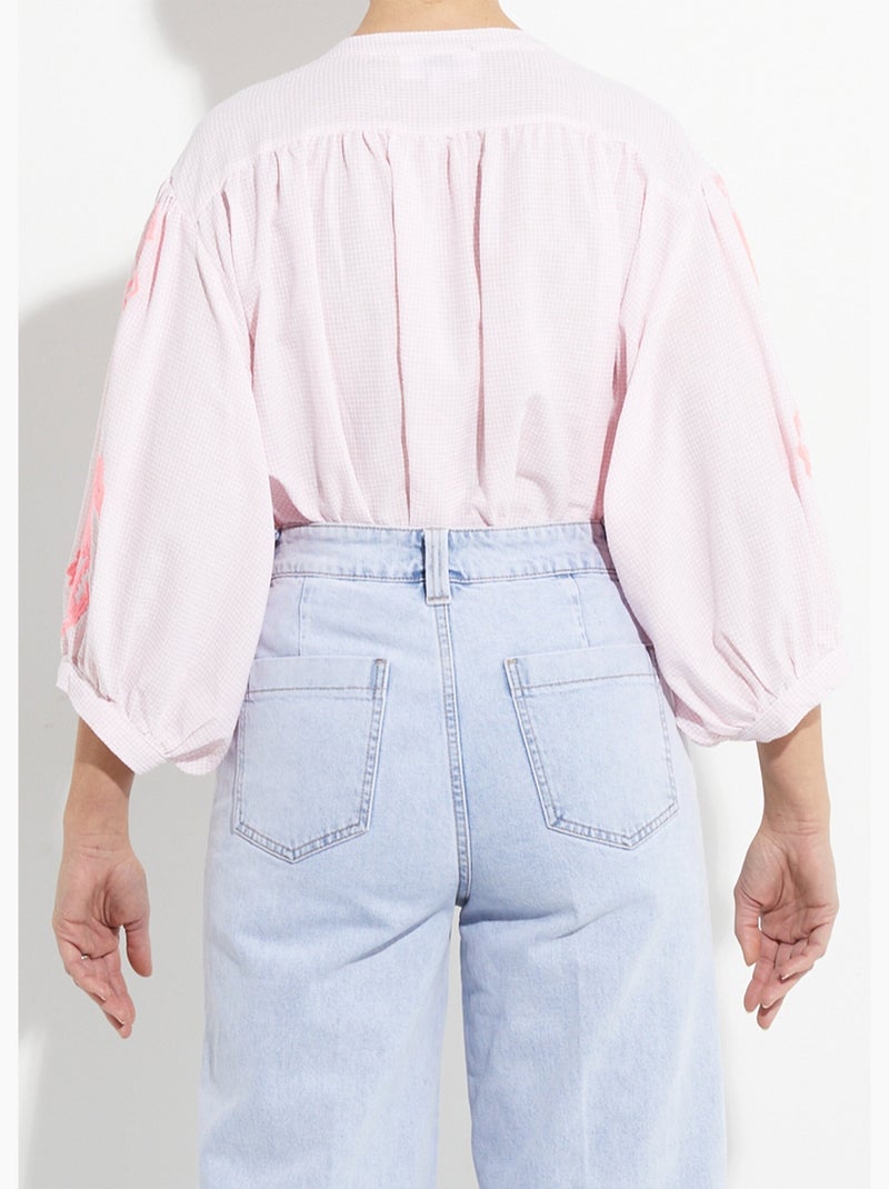 Chemisier ample vichy, broderies fluo - AFIBEL Rose - Kiabi