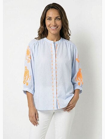 Chemisier ample vichy, broderies fluo
