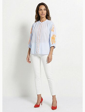 Chemisier ample vichy, broderies fluo