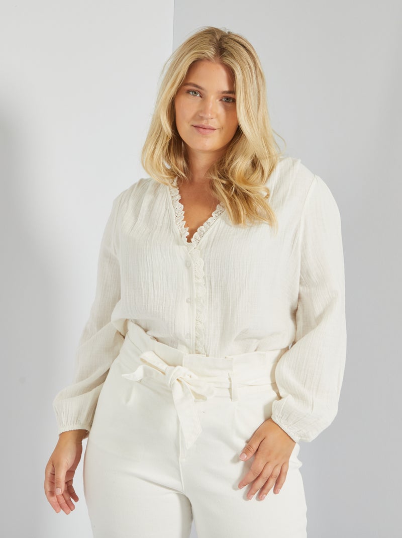 Chemisier avec broderie en gaze de coton Crème - Kiabi