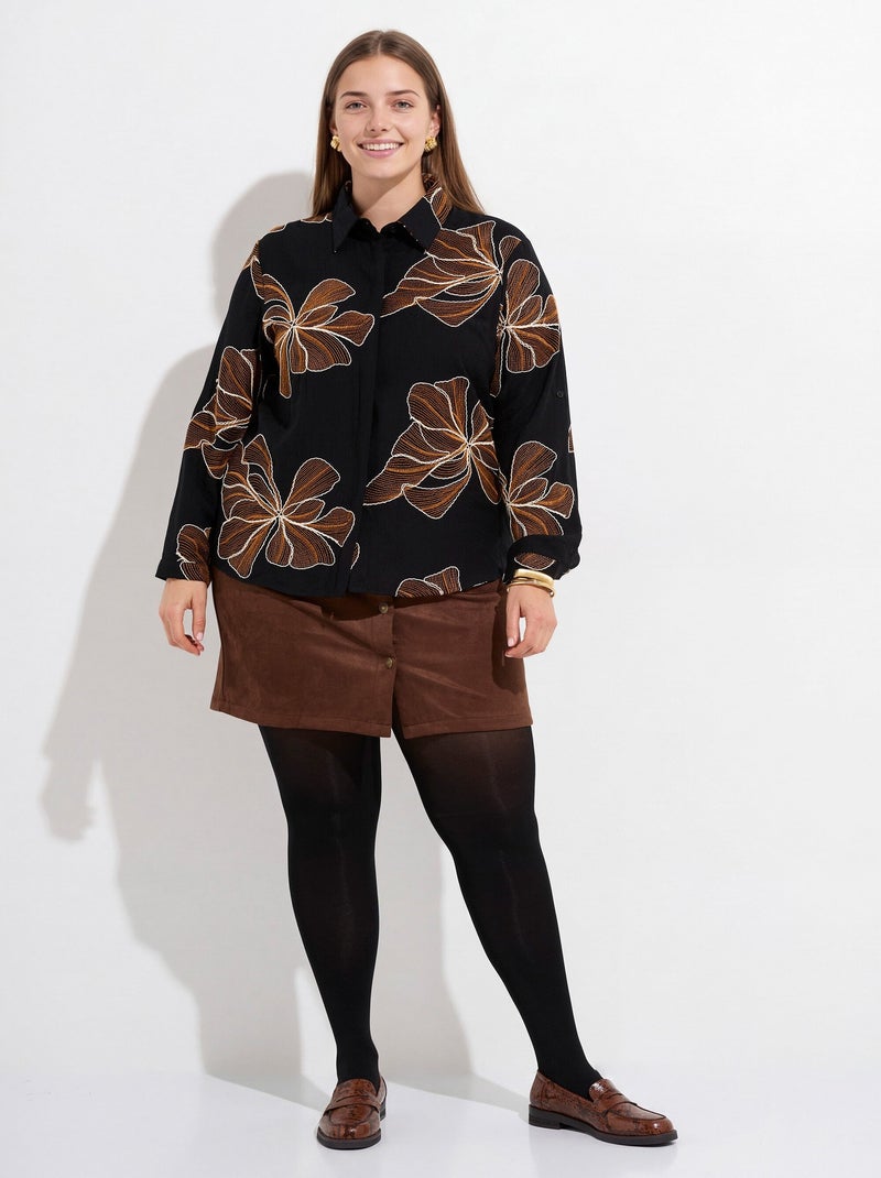 Chemisier avec broderies motif fleurs - afibel Noir Marron - Kiabi