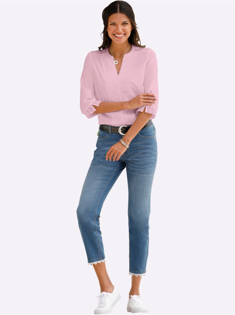 Chemisier avec empiècements en dentelle et encolure ronde ouverte - Taille standard - Moda Vilona Rose - Kiabi