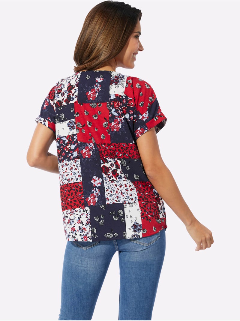 Chemisier avec encolure ronde et mancherons en patchwork - Taille standard - Moda Vilona Bleu Rouge - Kiabi