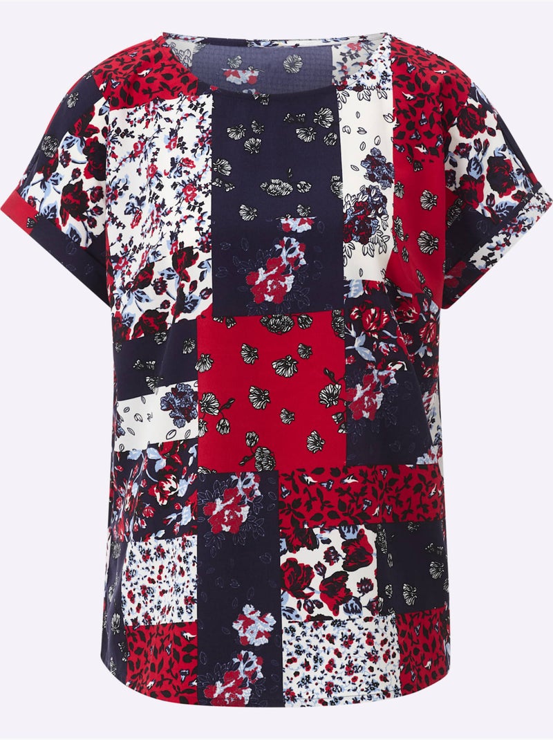 Chemisier avec encolure ronde et mancherons en patchwork - Taille standard - Moda Vilona Bleu Rouge - Kiabi