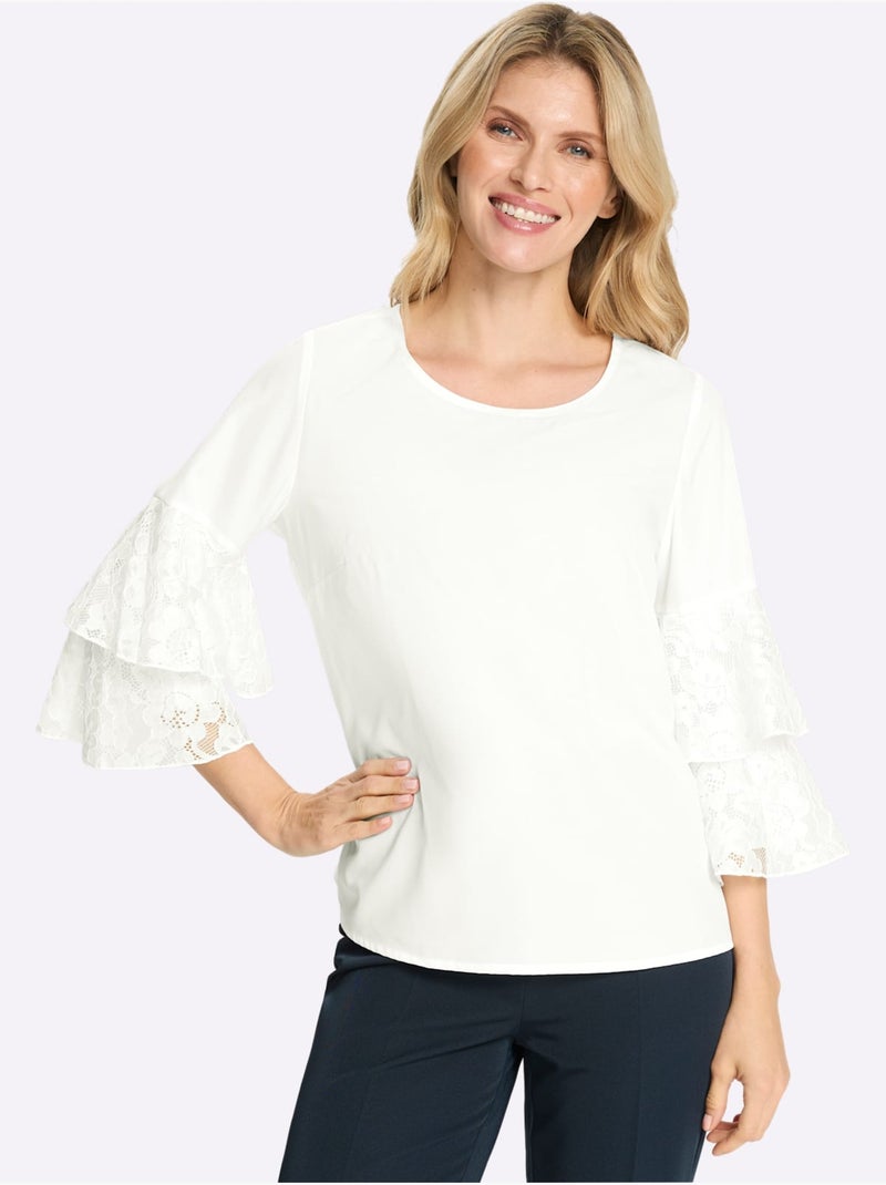 Chemisier avec manches trompette en dentelle et encolure ronde - taille standard - moda vilona Ecru - Kiabi