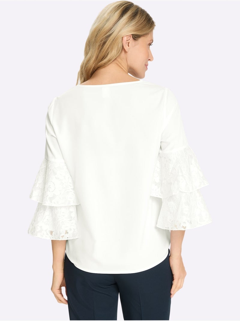 Chemisier avec manches trompette en dentelle et encolure ronde - taille standard - moda vilona Ecru - Kiabi