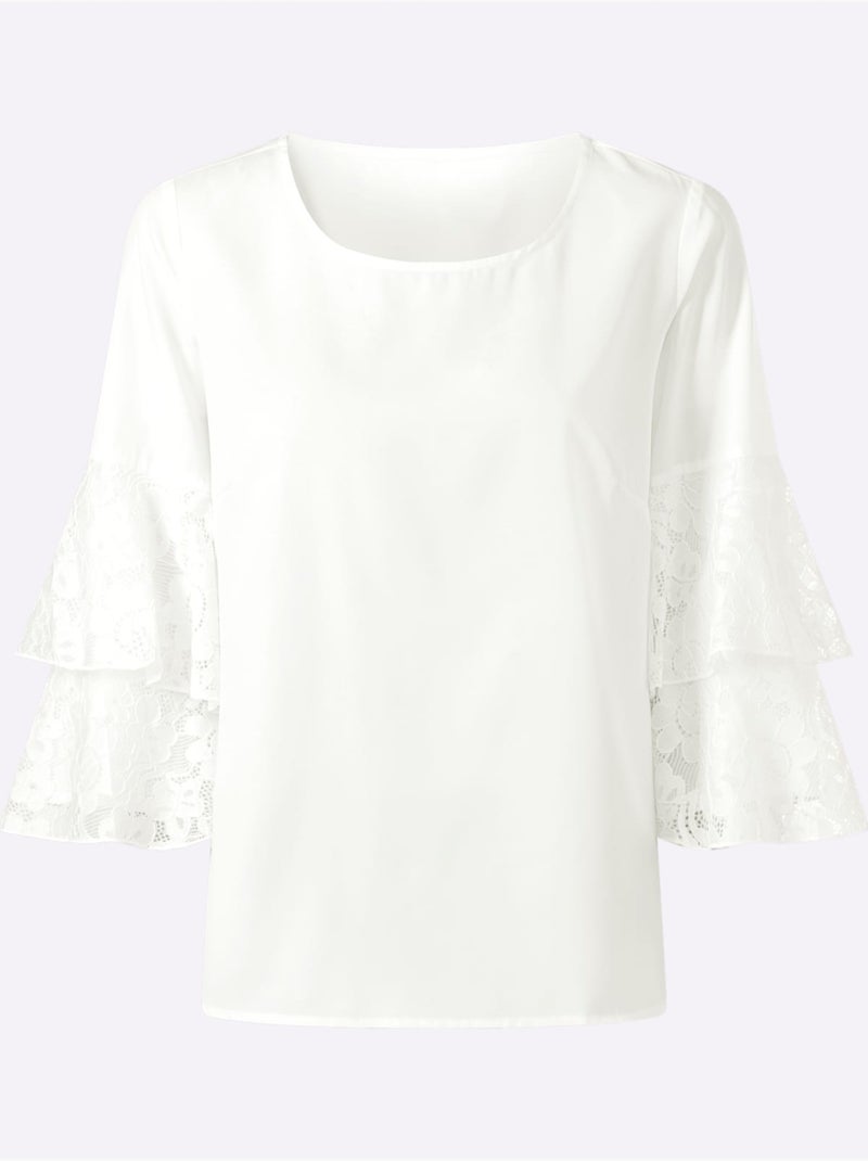 Chemisier avec manches trompette en dentelle et encolure ronde - taille standard - moda vilona Ecru - Kiabi