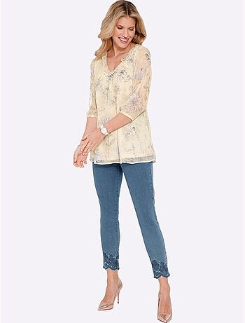 Chemisier avec volants à encolure en v et manches 3/4 fleuri - taille standard - moda vilona