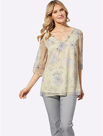 Chemisier avec volants à encolure en v et manches 3/4 fleuri - taille standard - moda vilona