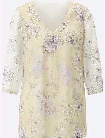 Chemisier avec volants à encolure en v et manches 3/4 fleuri - taille standard - moda vilona