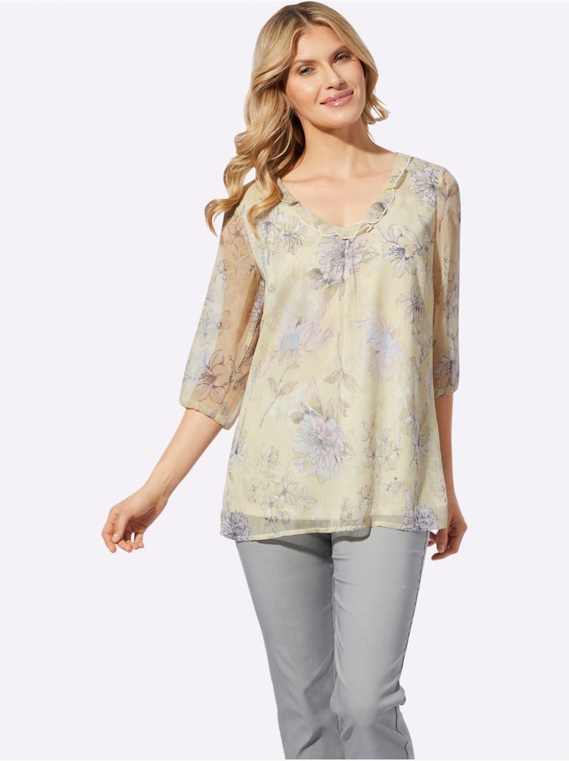 Chemisier avec volants à encolure en v et manches 3/4 fleuri - taille standard - moda vilona Rose/Sable - Kiabi