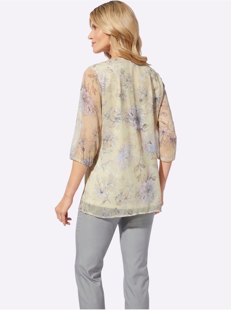 Chemisier avec volants à encolure en v et manches 3/4 fleuri - taille standard - moda vilona Rose/Sable - Kiabi
