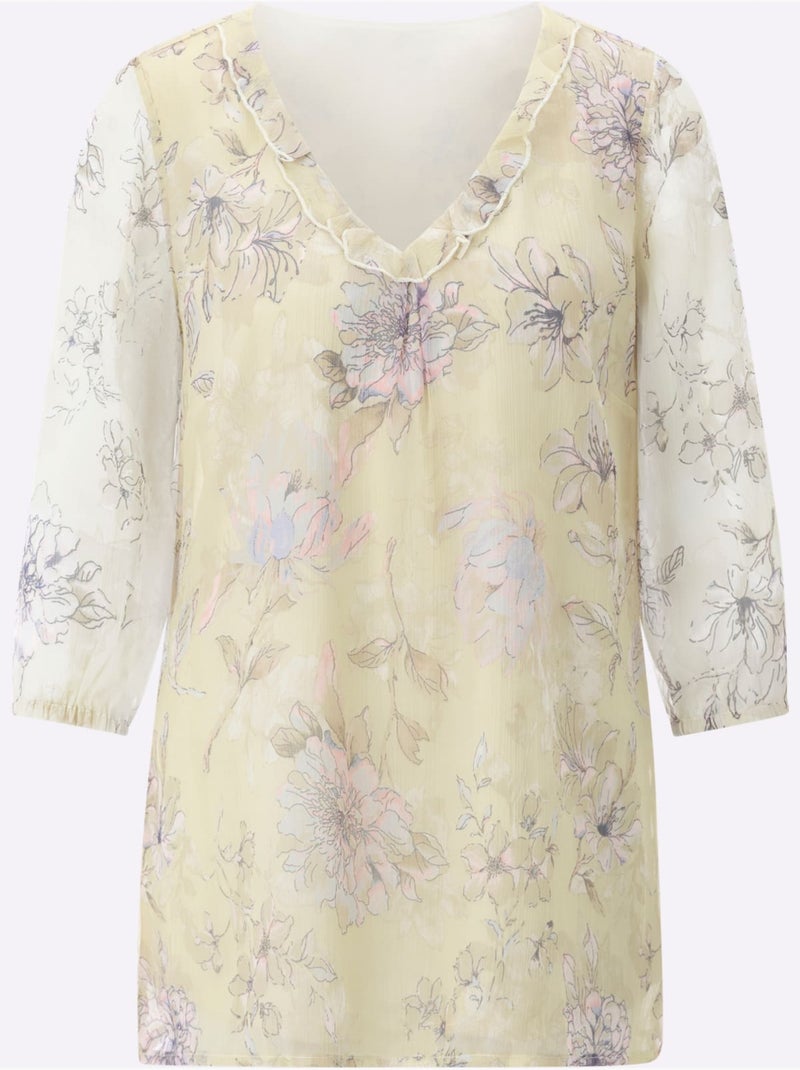 Chemisier avec volants à encolure en v et manches 3/4 fleuri - taille standard - moda vilona Rose/Sable - Kiabi
