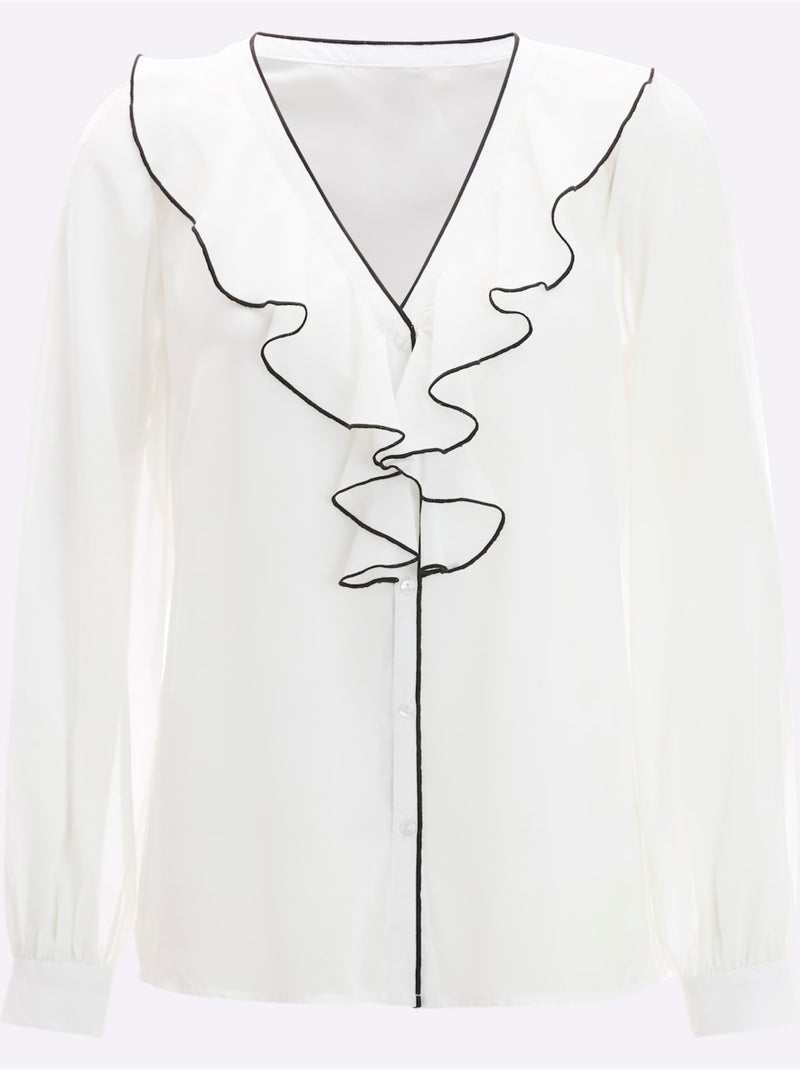 Chemisier avec volants et col V à manches longues - Taille standard - Moda Vilona Blanc - Kiabi