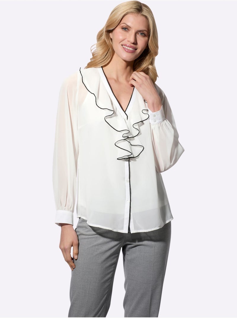 Chemisier avec volants et col V à manches longues - Taille standard - Moda Vilona Blanc - Kiabi