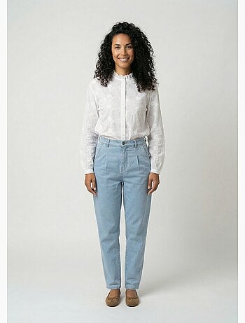 Chemisier boutonné coton brodé col volanté