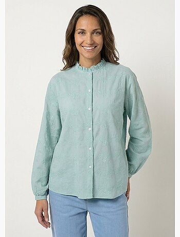 Chemisier boutonné coton brodé col volanté