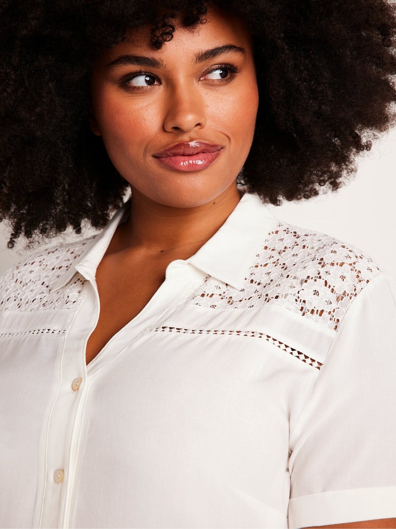 Chemisier boutonné dentelle et ajouré Beige - Kiabi