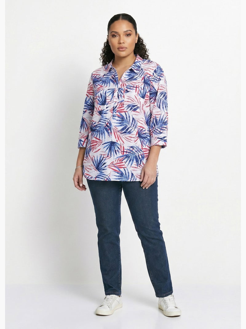 Chemisier boutonné long coton imprimé - Afibel Bleu - Kiabi