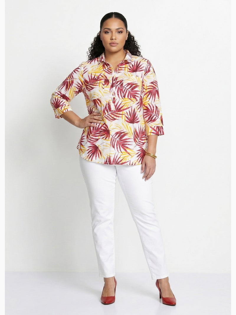 Chemisier boutonné long coton imprimé - Afibel Rouge - Kiabi