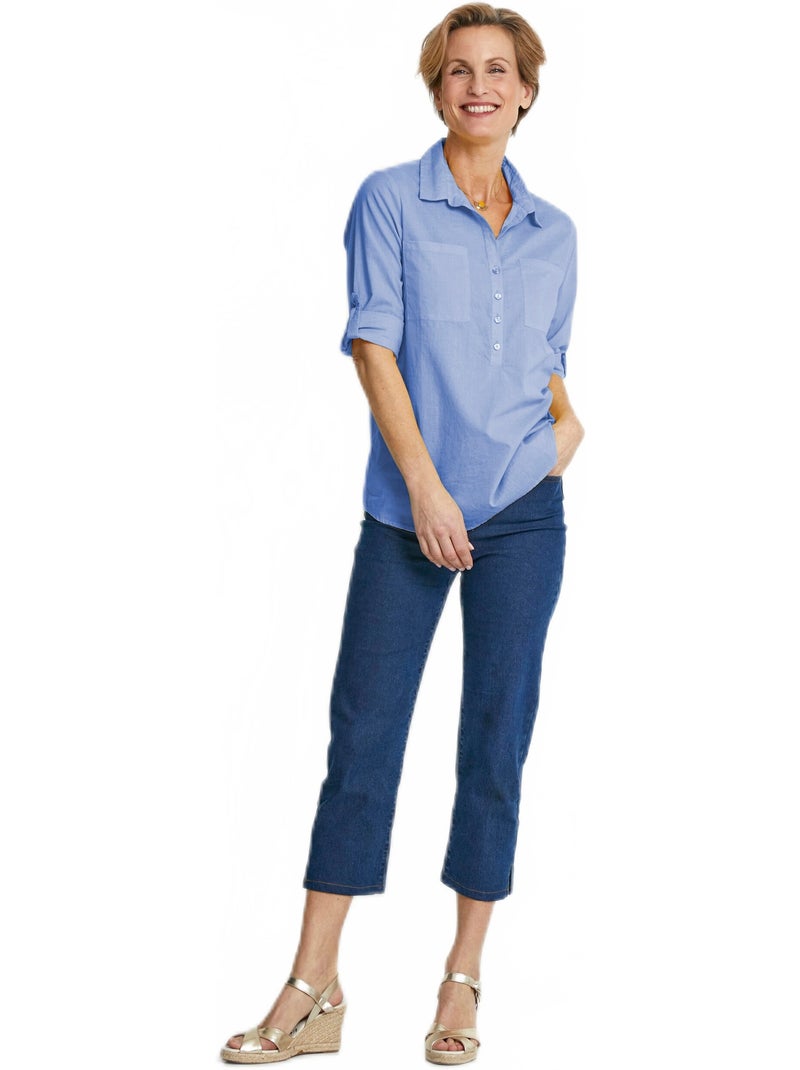 Chemisier boutonné long coton imprimé Bleu - Kiabi