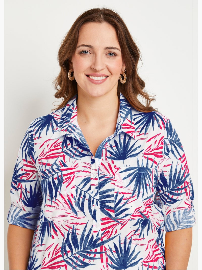 Chemisier boutonné long coton imprimé Bleu - Kiabi
