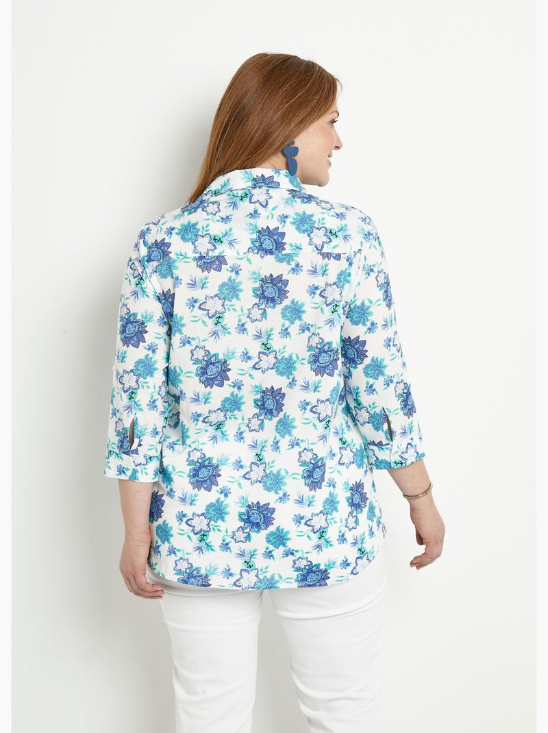 Chemisier boutonné long coton imprimé fleurs - Afibel Bleu - Kiabi