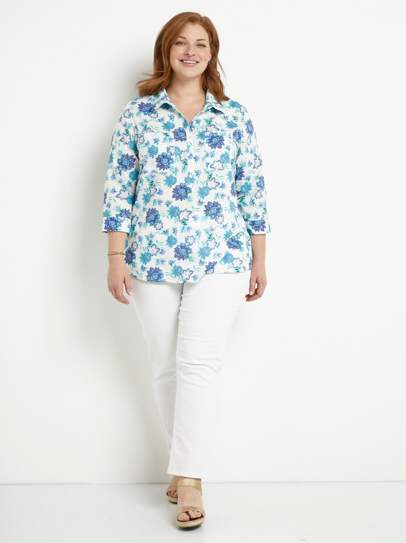 Chemisier boutonné long coton imprimé fleurs - Afibel Bleu - Kiabi