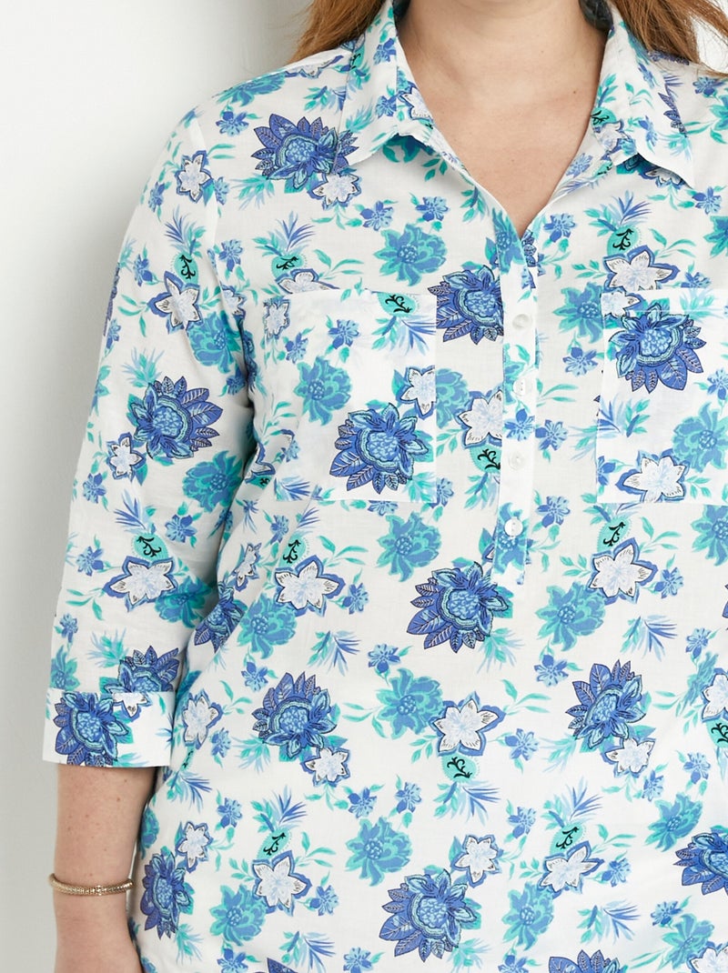 Chemisier boutonné long coton imprimé fleurs - Afibel Bleu - Kiabi