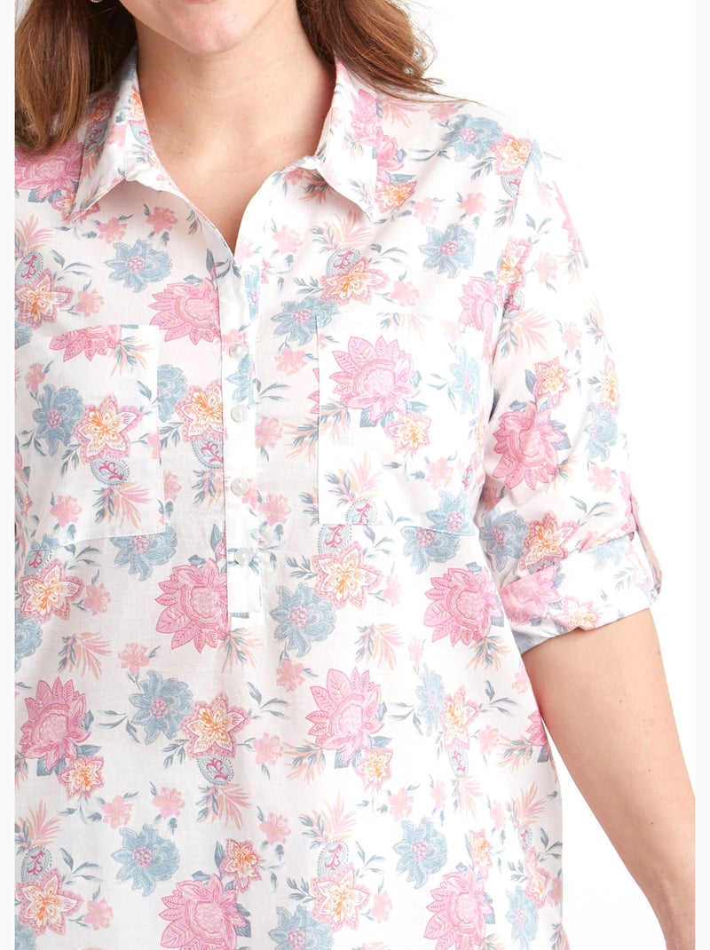 Chemisier boutonné long coton imprimé fleurs - Afibel Rose - Kiabi