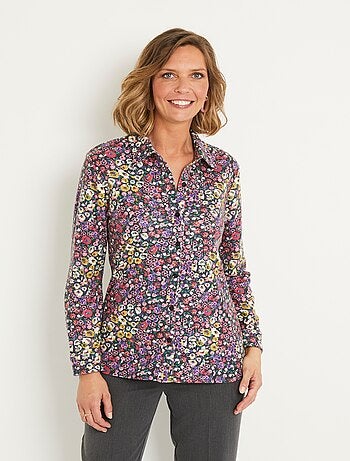 Chemisier boutonné long fleuri maille chaude