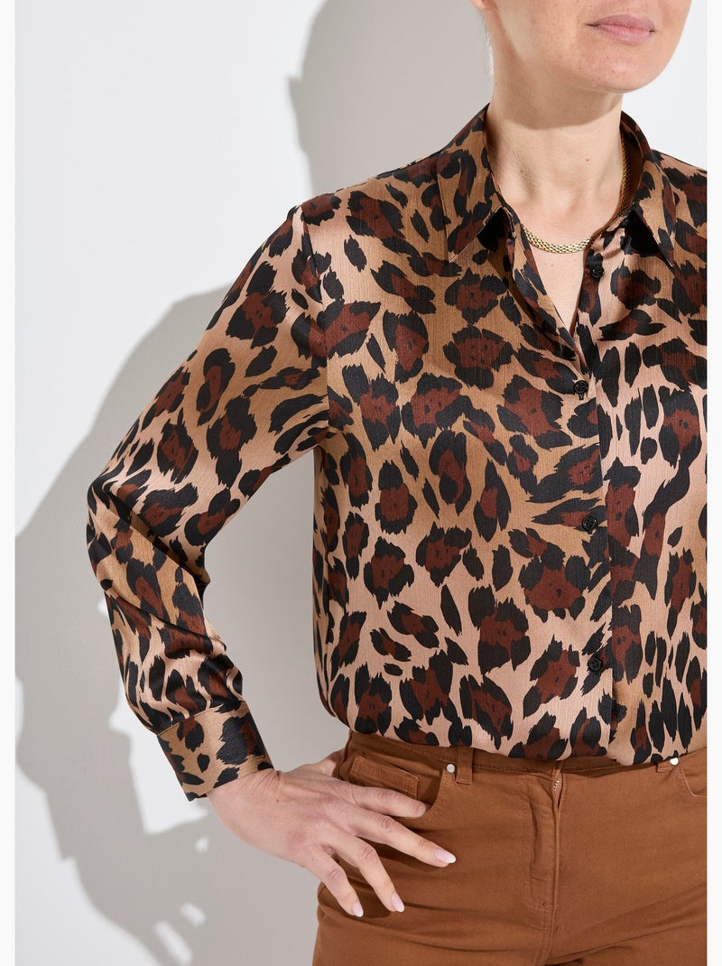 Chemisier boutonné satin manches longues - Afibel Marron - Kiabi