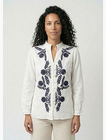 Chemisier brodé boutonné col volanté - Afibel