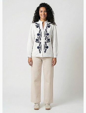 Chemisier brodé boutonné col volanté - Afibel