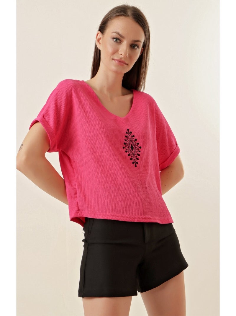 Chemisier Brodé Col V Rose - Kiabi