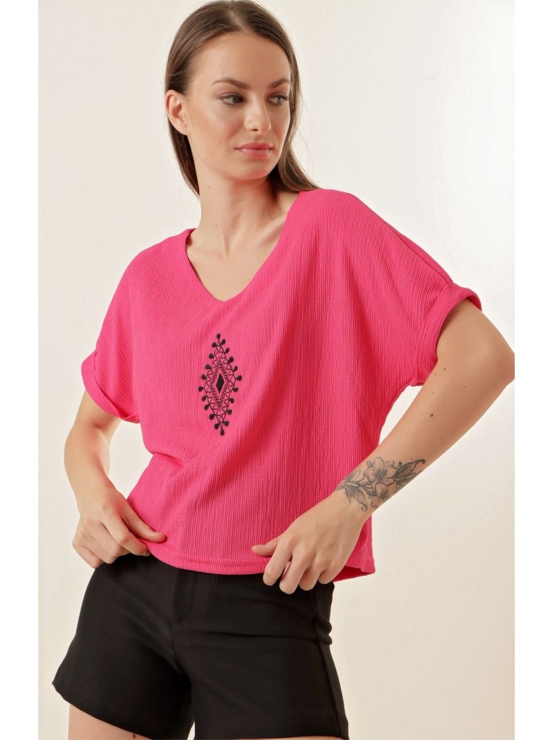 Chemisier Brodé Col V Rose - Kiabi