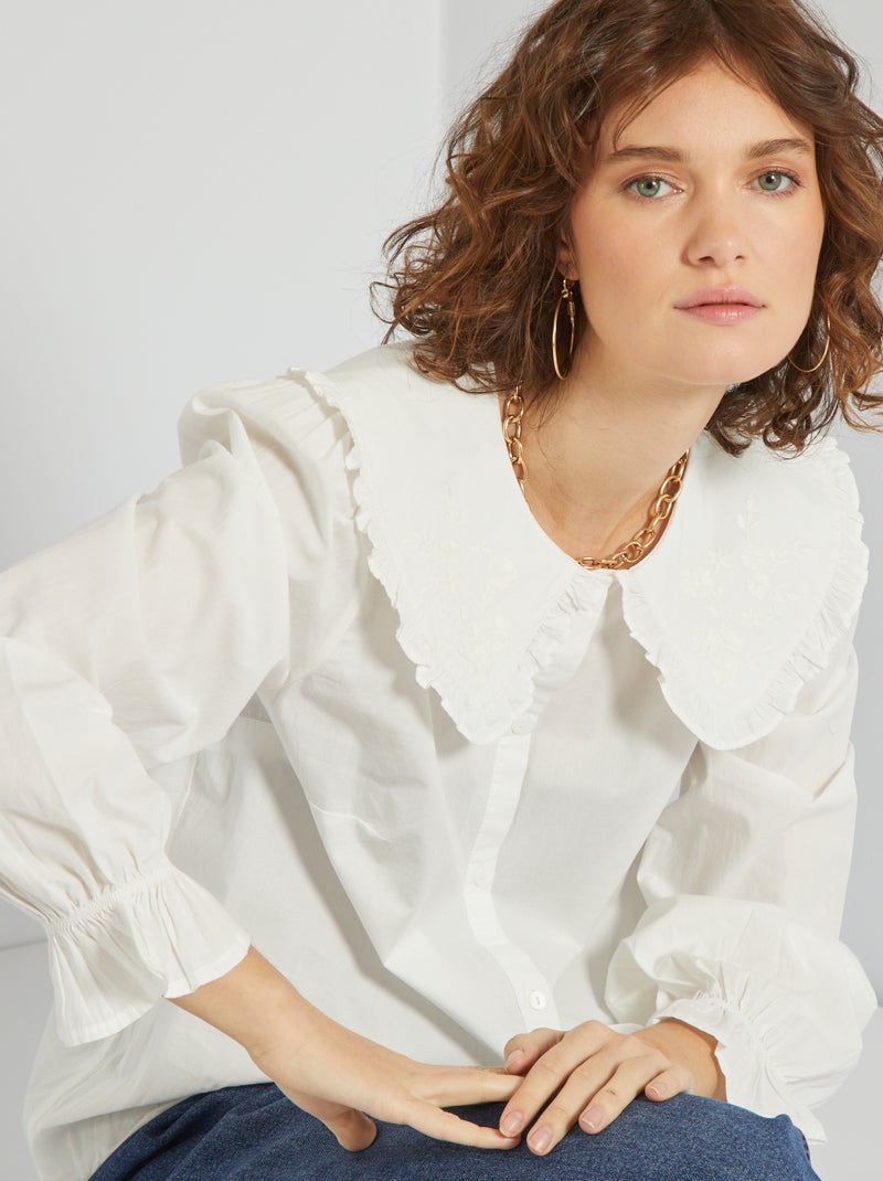 Chemisier col claudine brodé blanc - Kiabi